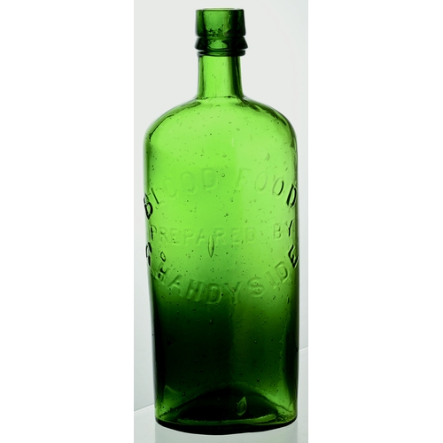 153 - HANDYSIDES BLOOD FOOD BOTTLE. 10ins tall, green glass round shouldered. Embossed front BLOOD FOOD/ P... 