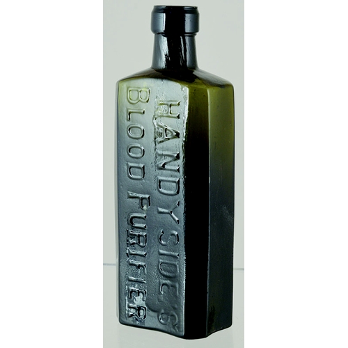 154 - HANDYSIDES BLOOD PURIFIER BOTTLE. 6.25ins tall, very dark green,  rectangular shape with chamferred ... 