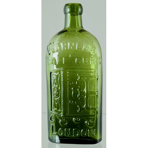 159 - WARNERS SAFE CURE. 7.5ins tall, light olive green glass half pint Warners. Embossed front WARNERS/ S... 