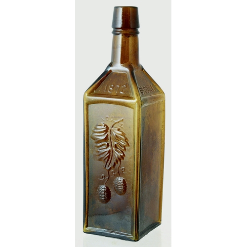 160 - DR SOULES BOTTLE. 9.75ins tall, amber glass square shape. 4 facetted panels one with large embossed ... 