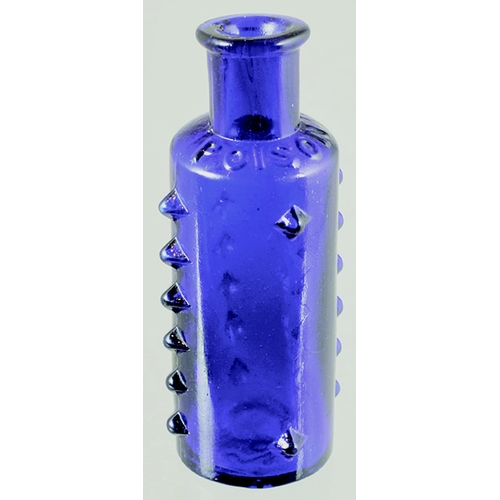 167 - L & T PATENT POISON BOTTLE. (DP pg 50) 3.25ins tall, cobalt blue glass. Raised moulded knobs all rou... 