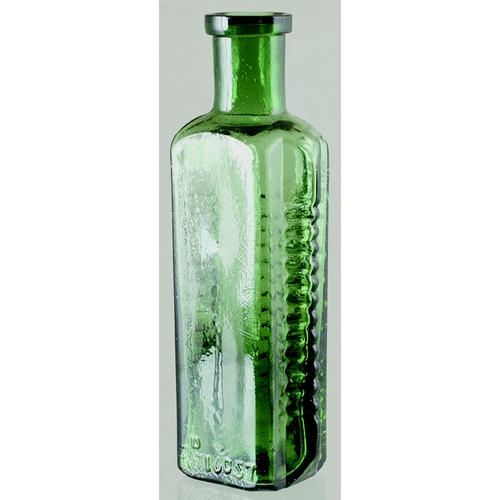 170 - ETON STAR POISON. (DP pg 58) 4.75ins tall, green glass. POISON/ NOT TO BE TAKEN embossed vertically.... 