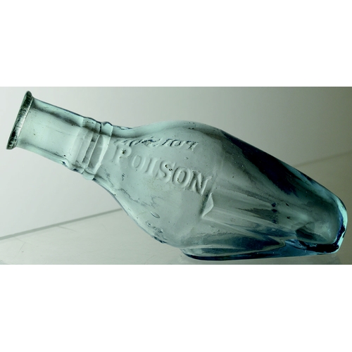 172 - QUINES POISON BOTTLE. (DP pg 34) 5ins long, ice blue glass. Embossed POISON either side below neck a... 