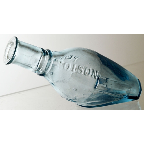 172 - QUINES POISON BOTTLE. (DP pg 34) 5ins long, ice blue glass. Embossed POISON either side below neck a... 