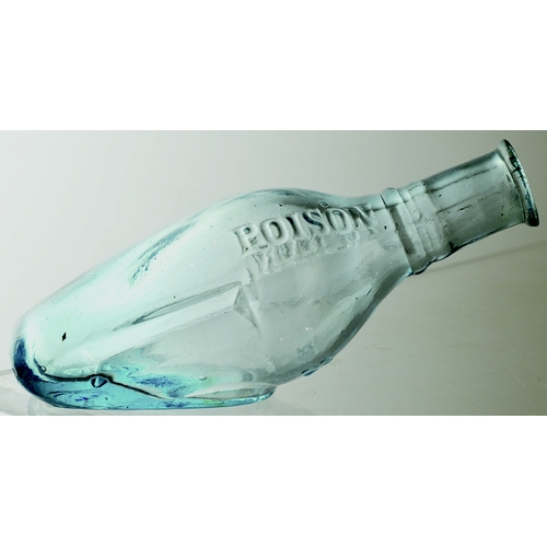 172 - QUINES POISON BOTTLE. (DP pg 34) 5ins long, ice blue glass. Embossed POISON either side below neck a... 