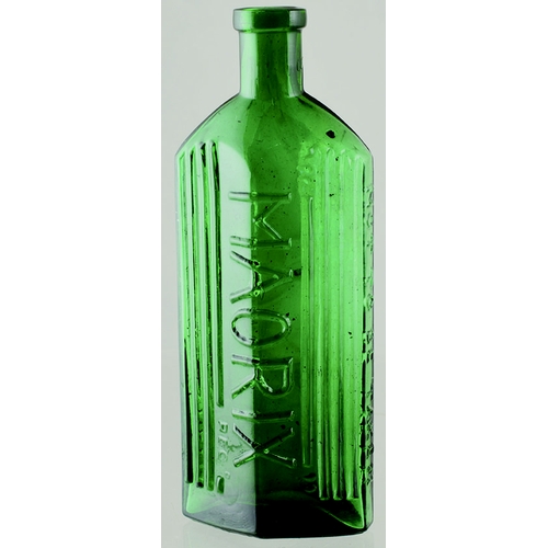 174 - MAORIX EMBROCATION BOTTLE. (DP pg 39) 6.5ins tall, Superb vibrant emerald green glass, vertical ribb... 