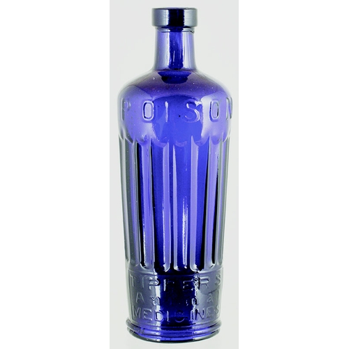 175 - TIPPERS POISON BOTTLE. (DP pg 41) 7.25ins tall. Deep cobalt blue glass cylindrical shape bottle, ver... 