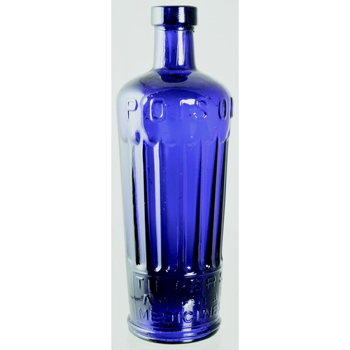 175 - TIPPERS POISON BOTTLE. (DP pg 41) 7.25ins tall. Deep cobalt blue glass cylindrical shape bottle, ver... 