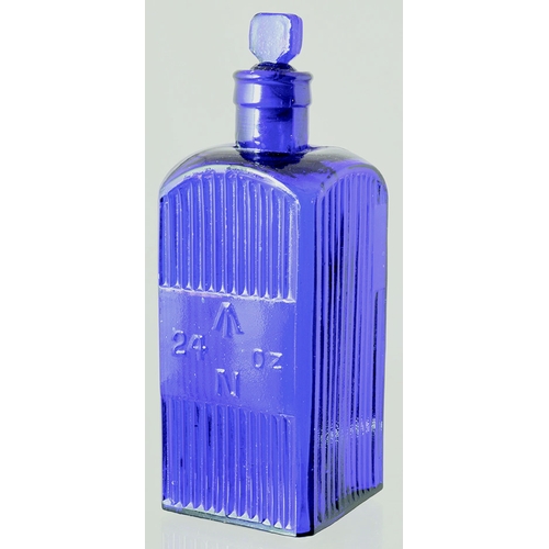 177 - ADMIRALTY POISON BOTTLE. (DP pg 148) 8.5ins tall to top of stopper. Cobalt blue glass, vertical ribb... 