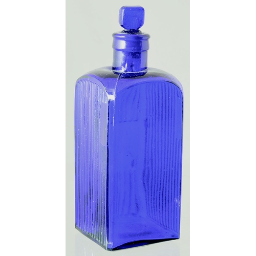 177 - ADMIRALTY POISON BOTTLE. (DP pg 148) 8.5ins tall to top of stopper. Cobalt blue glass, vertical ribb... 