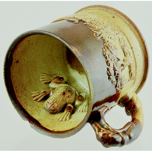 188 - SALT GLAZE FROG MUG. 4ins tall, t.t. salt glaze mug, greyhound handle. Sprigging all round, The Kill... 