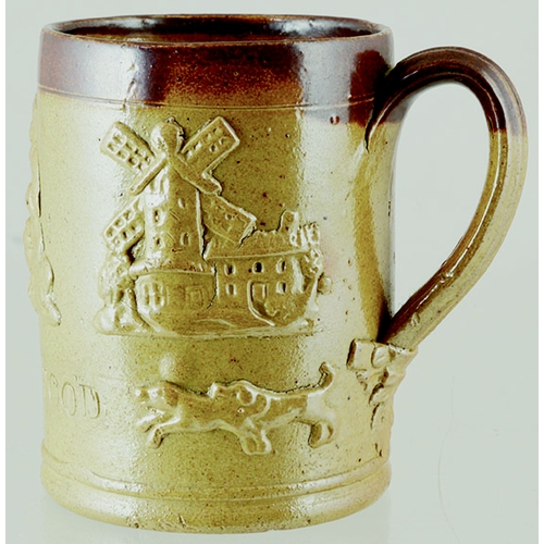 190 - SALT GLAZE MUG. 4ins tall, t.t. handled mug with raised sprigs, windmill, toper, hounds, deer etc. &... 