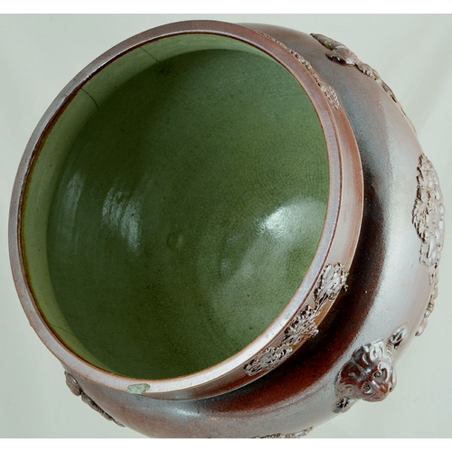 196 - SALT GLAZE JARDINERE. 9.5ins tall, shiny tan salt glaze with applied sprigging all round, fruit bask... 