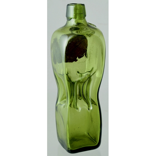 197 - PINCHED SEALED WAIST GIN BOTTLE. 8.5ins tall. Olive green glass. Short neck, applied lip, remnants o... 