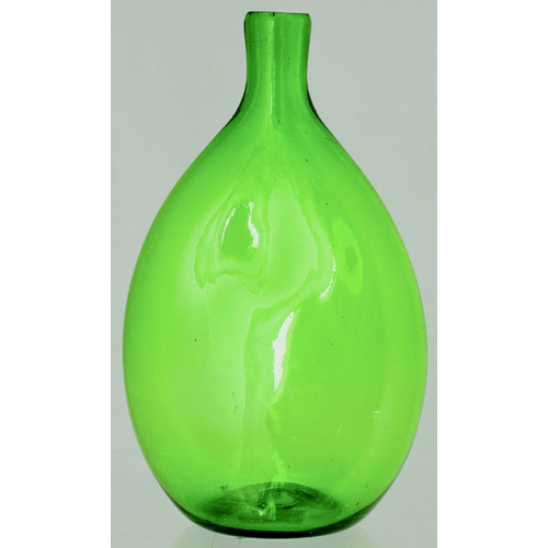 203 - GLASS HIP FLASK. 5.6ins tall. Unusual freeblown flattened hip flask, thin bright green glass walls, ... 