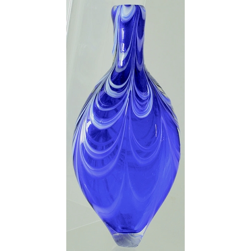 207 - ENAMELLED HIP FLASK. 7.25ins tall. Heavy bodied flat teardrop shaped hip flask, deep blue glass, whi... 