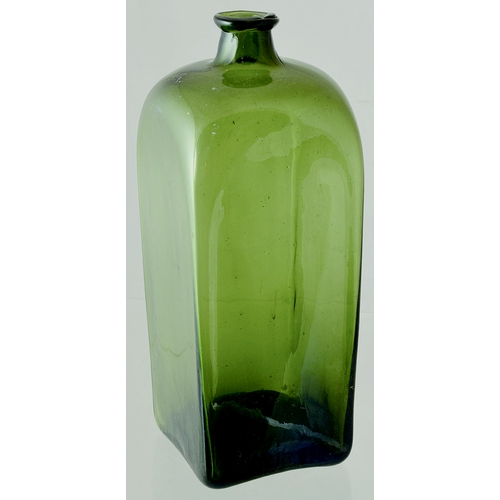 212 - FREEBLOWN CASE GIN BOTTLE. 10ins tall. Square bodied, very thin walled, early freeblown gin. Mid gre... 