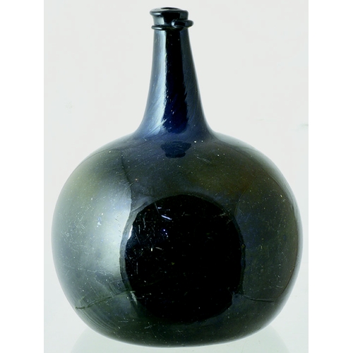 214 - FREEBLOWN GIANT PHARMACY ONION SHAPE BOTTLE. 10.9ins tall. Most unusual spherical bodied black glass... 