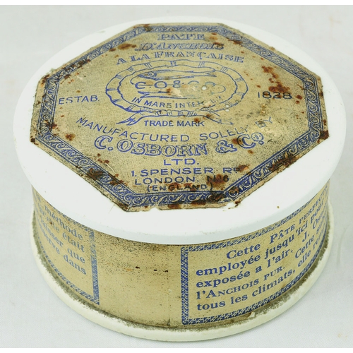 26 - FRENCH ANCHOVY PASTE/ PATE POT LID & BASE. 3.75ins diam, full & unopened, complete with paper labels... 