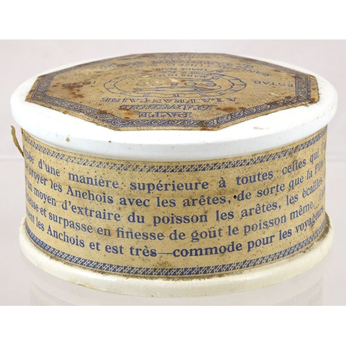 26 - FRENCH ANCHOVY PASTE/ PATE POT LID & BASE. 3.75ins diam, full & unopened, complete with paper labels... 