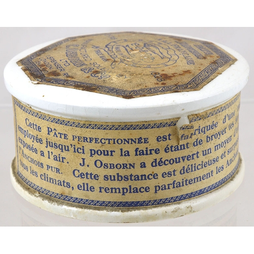 26 - FRENCH ANCHOVY PASTE/ PATE POT LID & BASE. 3.75ins diam, full & unopened, complete with paper labels... 