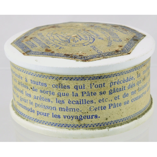 26 - FRENCH ANCHOVY PASTE/ PATE POT LID & BASE. 3.75ins diam, full & unopened, complete with paper labels... 