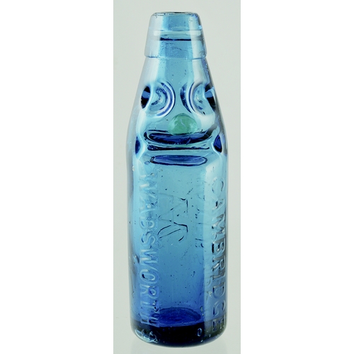 41 - WADSWORTH BLUE CODD BOTTLE. 7.25ins tall, cobalt blue, 6oz codd bottle. Heavily embossed WADSWORTHS/... 