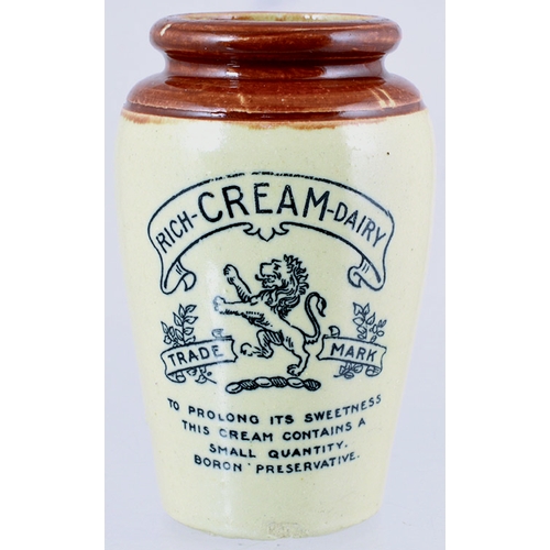 70 - RICH CREAM DAIRY CREAM POT. 4.25ins tall, tan top, lower cream glaze. Black transfer RICH-CREAM-DAIR... 