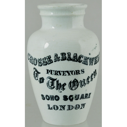 73 - CROSSE & BLACKWELL MUSTARD JAR. 4.25ins tall, white glaze, strong black transfer. CROSSE & BLACKWELL... 