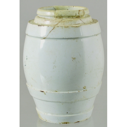 75 - ANCHOVY PASTE JAR. 3.5ins tall, white glaze, black transfer. RICH/ ANCHOVY PASTE/ LONDON & coat of a... 