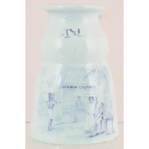 82 - LUCKNOW CHUTNEY JAR. 4.5ins tall, pale blue/ grey glaze, blue transfer natives pictured one side dra... 