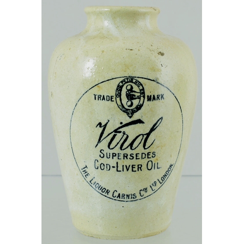 86 - VIROL JAR. 5.5ins tall, off white glaze, black transfer. Wording as previous lot, minus the price. P... 