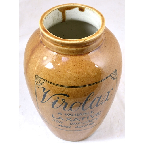 88 - LARGE VIROL JAR. 9ins tall, brown glaze, black transfer. VIROL/ A VALUABLE/ LAXATIVE/ FOR CHILDREN/ ... 