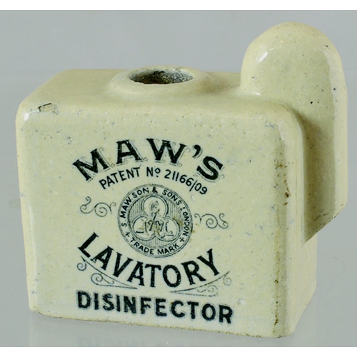 91 - MAWS PATENT DISINFECTOR. 4ins tall, off white glaze, black transfer. MAWS/ PATENT NO 21166/09/ LAVAT... 