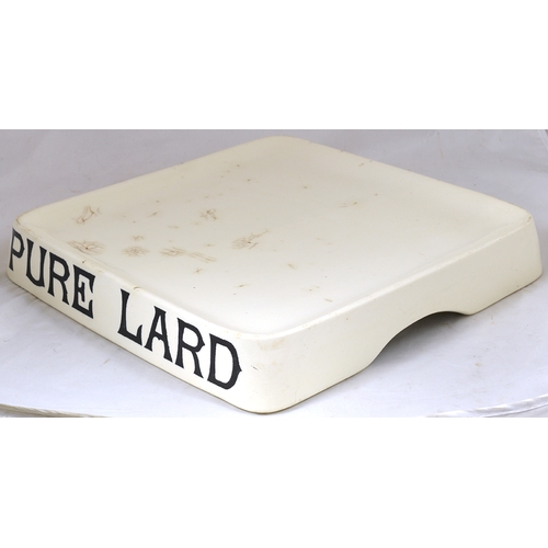 93 - PURE LARD GROCERS POTTERY SLAB. 13.75 x 13.5ins, off white glaze, square shape slab for PURE LARD in... 