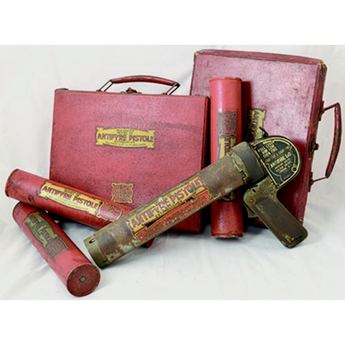 146A - ANTIFYRE PISTOL EXTINGUISHER GUN & 2 CASED REFILLS. 13.3 x 7ins. Metal gun with trigger & labelling,... 