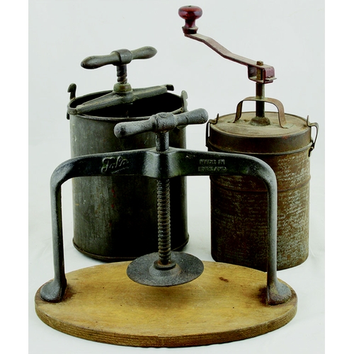 346 - CAST & TINPLATE KITCHENALIA GRP. All 3 with hand turning apparatus. Great lookers! (3)