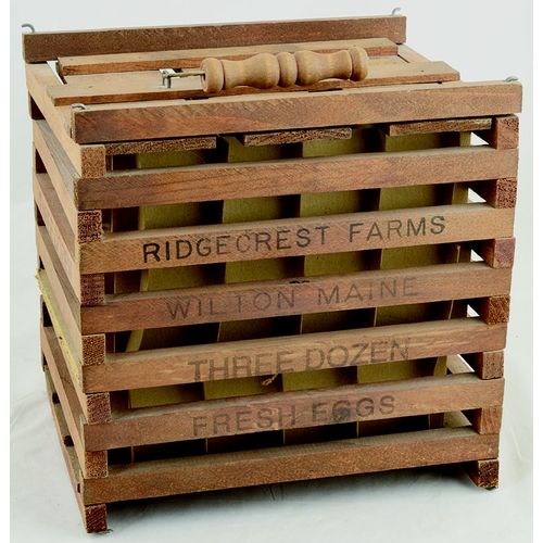 347 - WOODEN DECORATIVE EGGS BOX. 9x9x7.5ins, handle to top. Black printed - one side says RIDGCREST FARMS... 