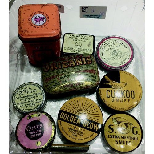 11 - MINIATURE TINS GRP. 2.5ins, all varey, Cuckoo snuff, Pastilles, powder polish etc. (10)