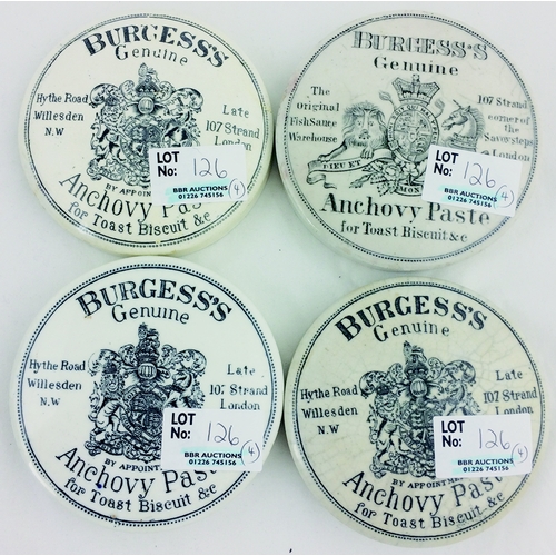 126 - BURGESS’S POT LIDS. 3.5ins, all black transfer, Anchovy paste, lge coat of arms, some nibbles unders... 