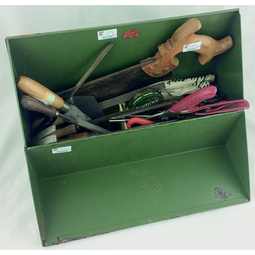 129 - VETERAN SERIES TOOL BOX & TOOLS. 11ins, various old tools some with wooden handles. (10+)