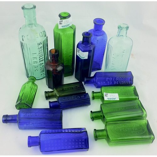 131 - POISON BOTTLES. Tallest 7ins, aqua, amber, green & cobalt blue, some embossed, 7 ribbed, Chester, Pe... 