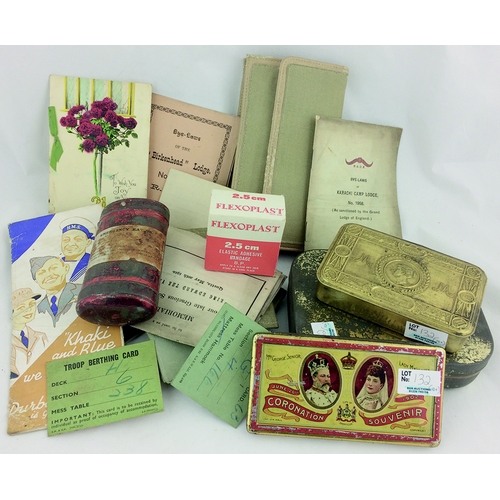 132 - MISC GRP. Tins inc. 1902 Coronation, Emergency rations tin plus mixed paper instruction books, camp ... 