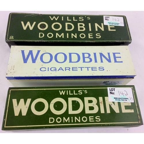 142 - WILLS WOODBINE DOMINOES TRIO. 7ins, coloured tin boxes, blue & white, plus 2 green & white. (3)