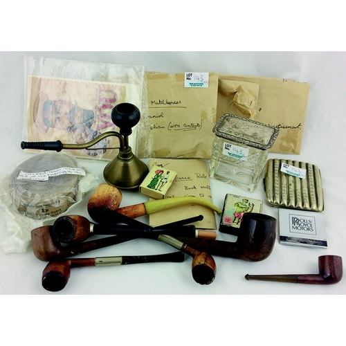 143 - SMOKING RELATED GROUP. Glass cigarette box with silver lid, wooden pipes, silver case, foreign match... 