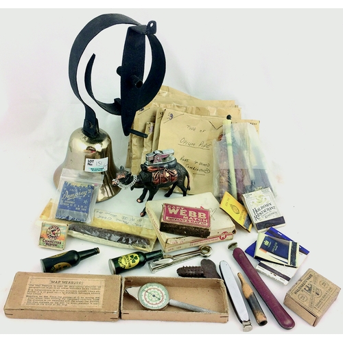 151 - SMOKING RELATED ITEMS. Lighters, match books/ boxes, holders, opium pipe plus wall mounted bell. (10... 