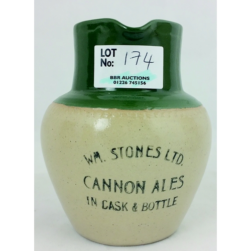 174 - CANNON ALES PUB JUG. 4.5ins, t, t, green top, handled, glazed, black transfer, WM Stones Ltd. Early ... 