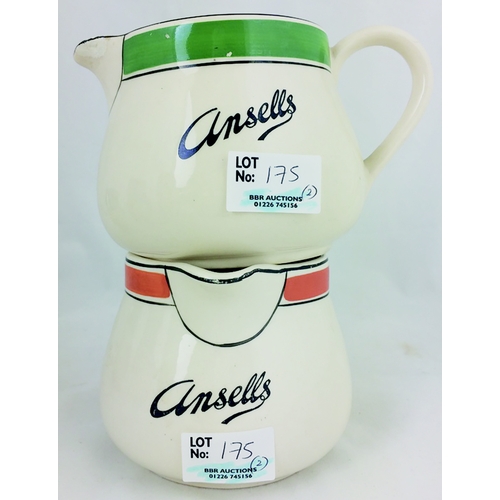 175 - ANSELLS PUB JUG DUO. 4ins, cream with black transfer, one orange band, one green band to top, lip re... 