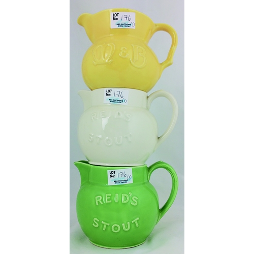 176 - TRIO ROYAL DOULTON PUB JUGS. Tallest 4ins, all embossed, Reids Stout, yellow & other green plus yell... 