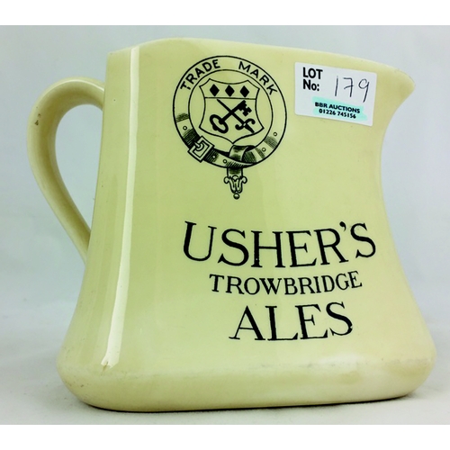 179 - USHERS ALES PUB JUG. 5ins, creamy colour with black transfer, handled, trade mark to top corner, Tro... 